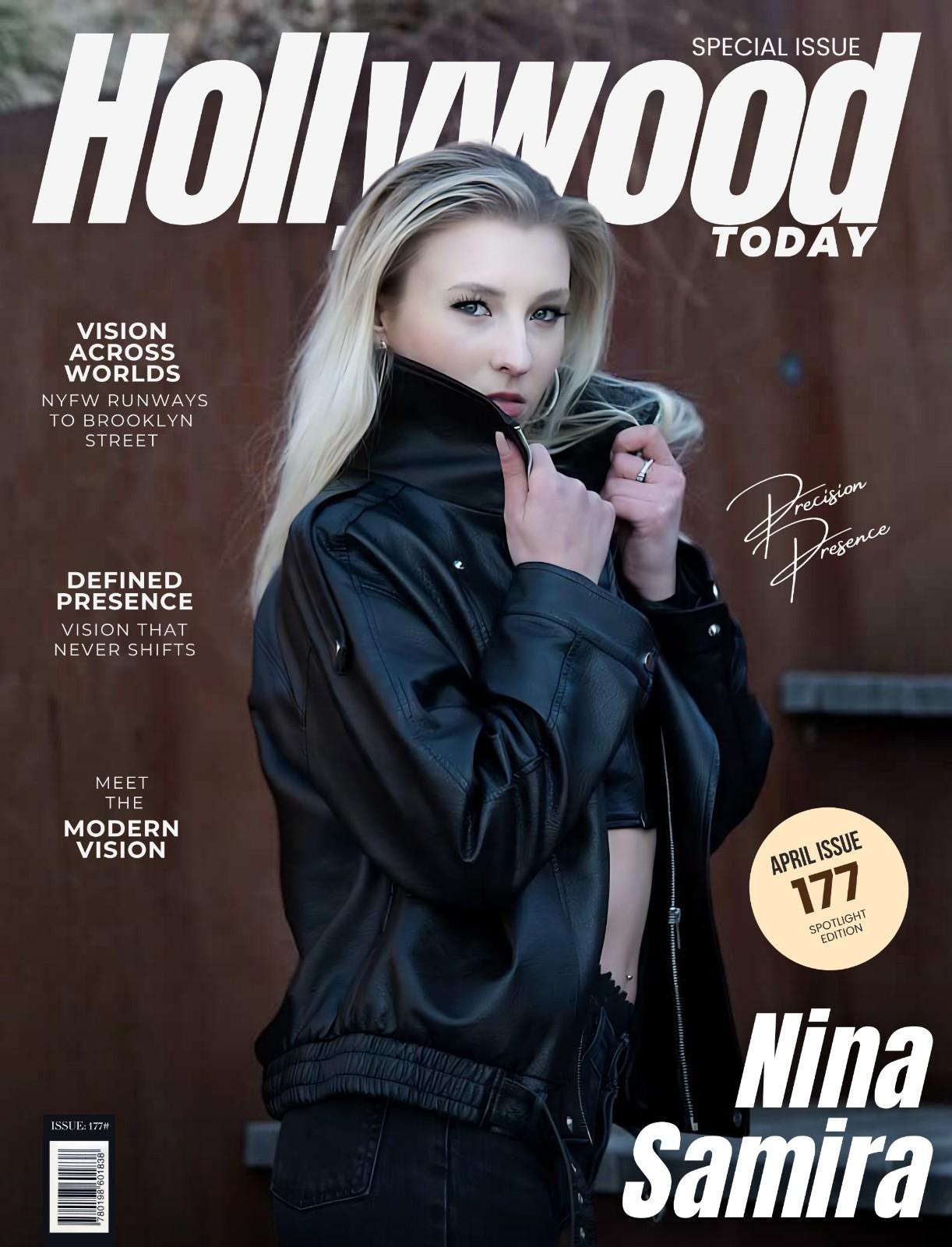 Nina Samira Hollywood Today magazine cover wearing black leather jacket modern fashion editorial portrait