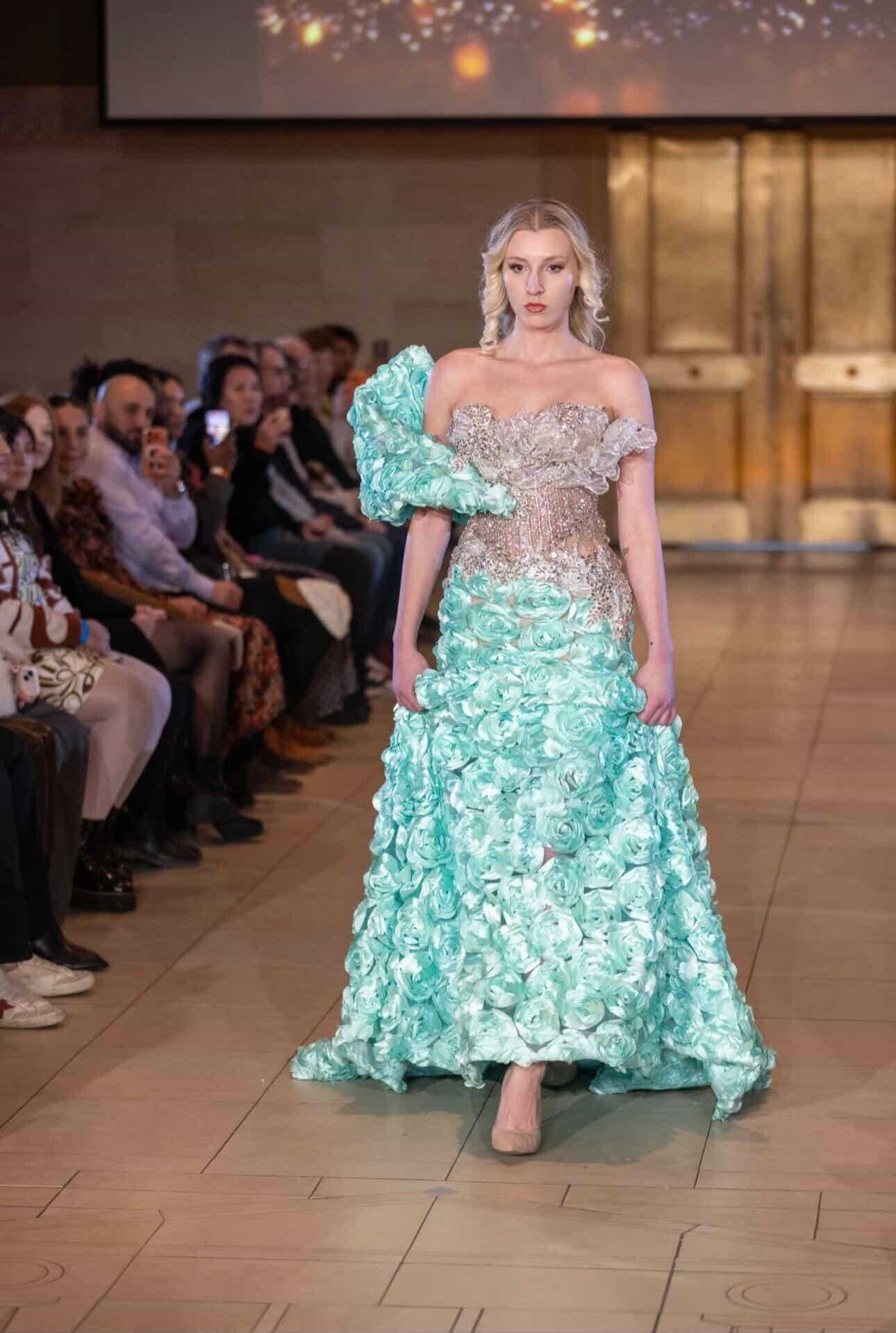 Nina Samira wearing mint green couture gown walking runway luxury fashion show editorial