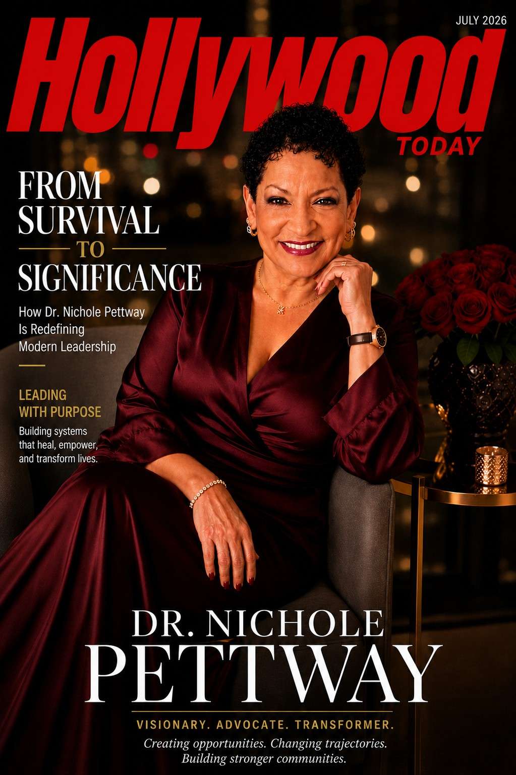 Hollywood Today Magazine cover featuring Dr. Nichole Pettway discussing modern leadership, trauma-informed care, and community transformation