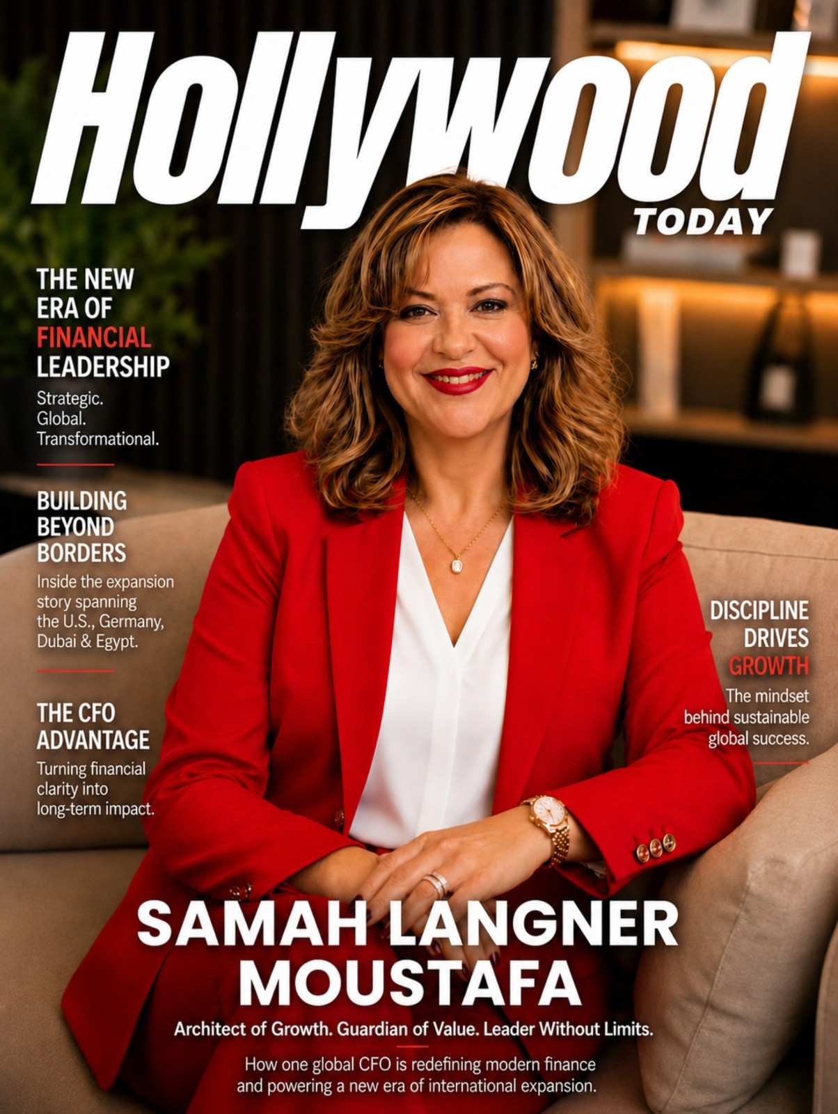 Samah Langner Moustafa featured on Hollywood Today Magazine discussing global financial leadership, scalable financial systems, healthcare expansion, and multinational business growth.