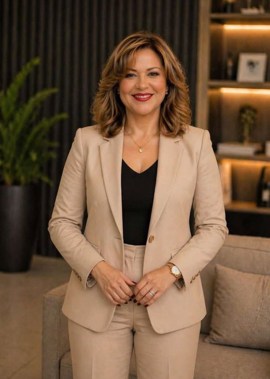 Samah Langner Moustafa standing in a professional office environment representing modern CFO leadership, financial innovation, and international corporate growth.