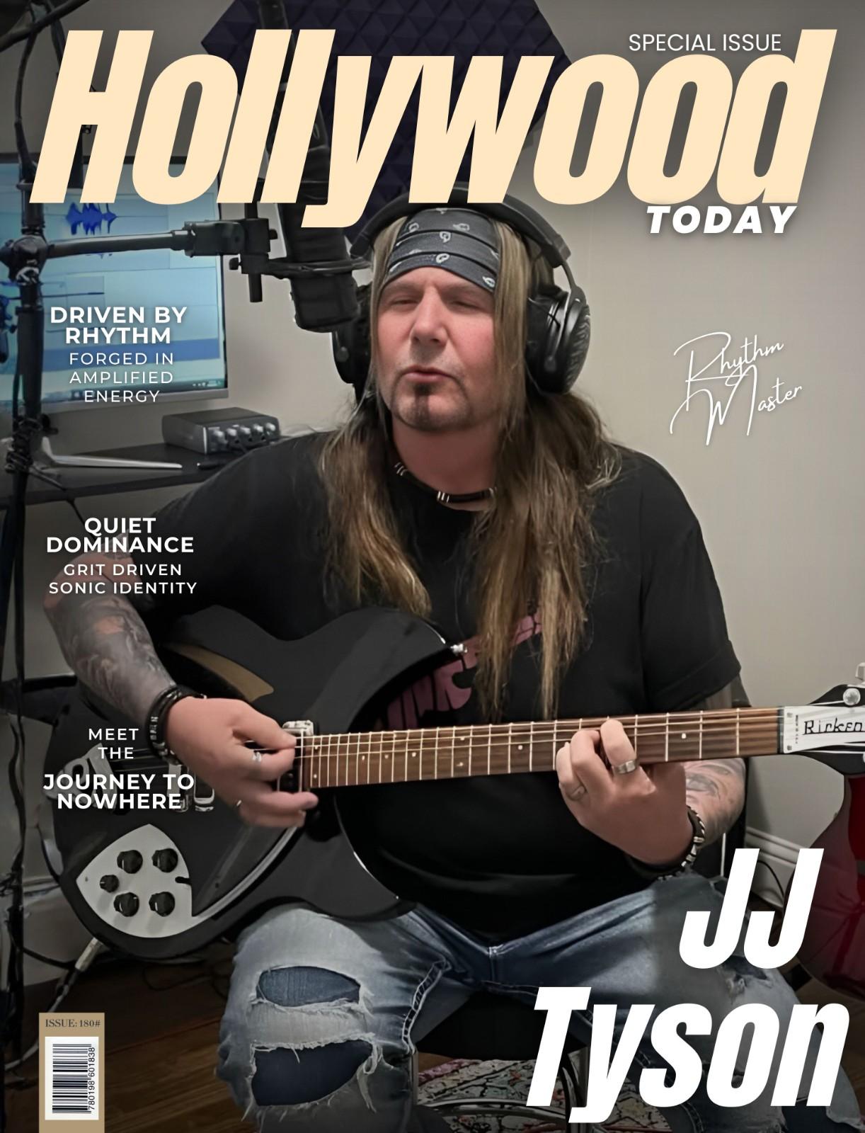 JJ Tyson playing guitar in studio featured on Hollywood Today magazine cover modern rock artist outlaw southern metal